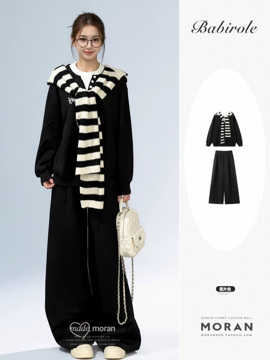 American style relaxed lazy black sweatshirt loose sweatpants shawl layered three-piece suit autumn and winter leisure sports wear