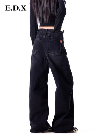 EDX Women’s Vintage-Washed Straight-Leg Wide-Leg Jeans – Fall 2026 Collection, Loose-Fit, Slimming Effect, Draping Fabric, Casual Long Trousers (Black)
