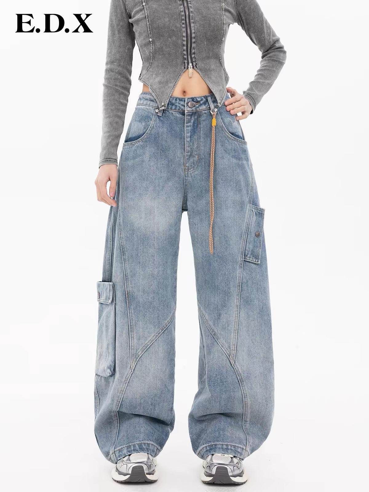 EDX Women’s High-Waisted Blue Denim Wide-Leg "Scimitar" (Curved-Leg) Cargo Pants – A Stunning, Trend-Setting Style (2026 New Collection)