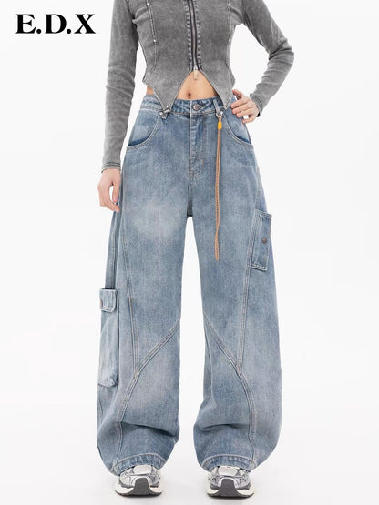 EDX Women’s High-Waisted Blue Denim Wide-Leg "Scimitar" (Curved-Leg) Cargo Pants – A Stunning, Trend-Setting Style (2026 New Collection)