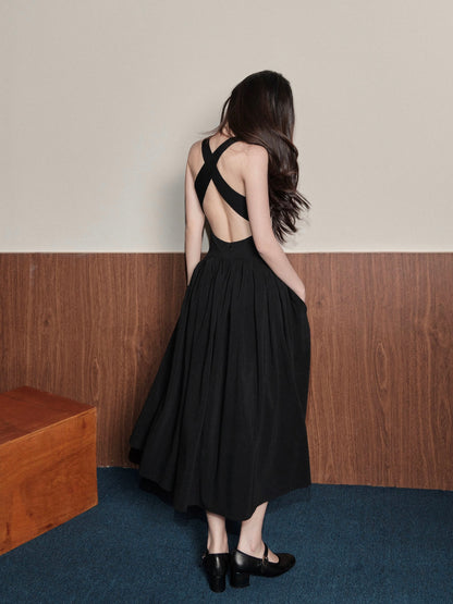 avenement/shoulderless backless suspender skirt/back cross design waist-cinching large skirt dress long skirt for women