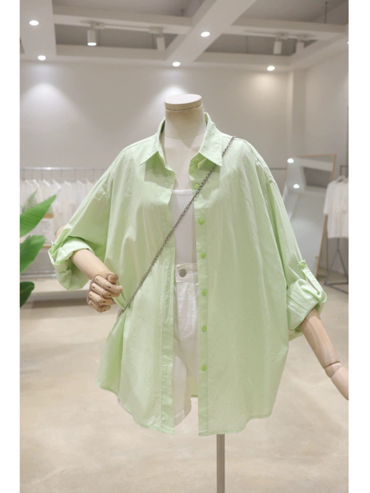 Rollable sleeves simple fresh color 2024 summer versatile loose mid-length breathable thin cotton long-sleeved shirt for women