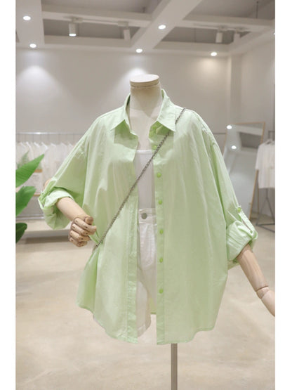 Rollable sleeves simple fresh color 2024 summer versatile loose mid-length breathable thin cotton long-sleeved shirt for women