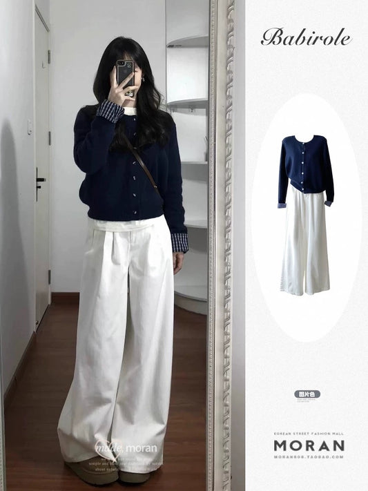 Autumn and winter atmosphere fake two-piece knitted cardigan sweater women's Korean lazy style loose casual pants two-piece suit