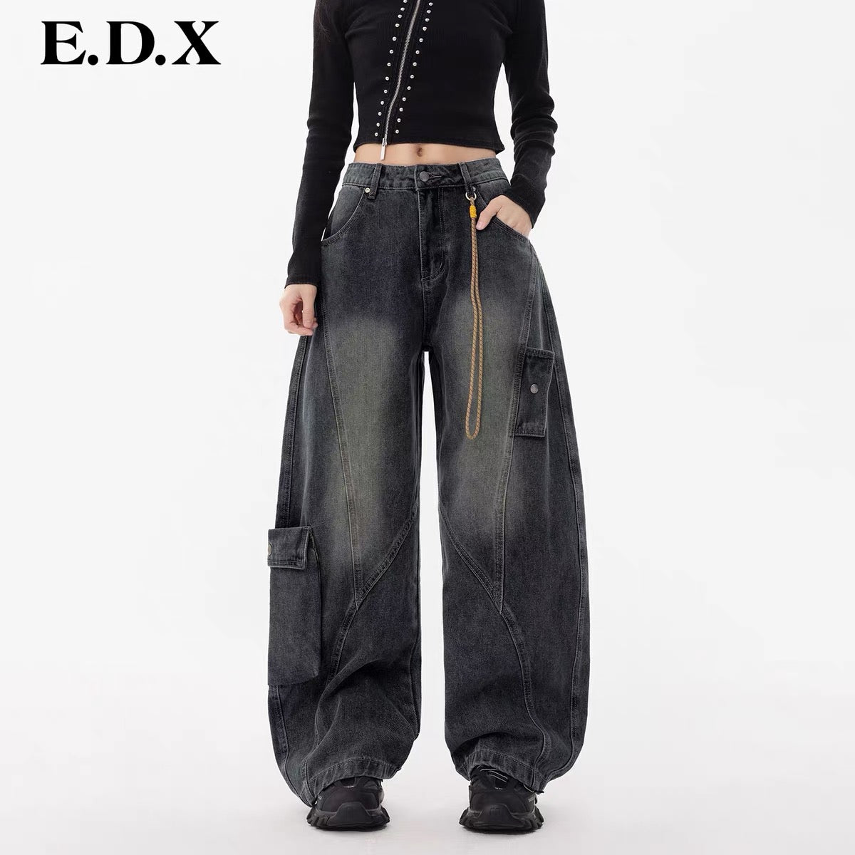 EDX Women’s High-Waisted Blue Denim Wide-Leg "Scimitar" (Curved-Leg) Cargo Pants – A Stunning, Trend-Setting Style (2026 New Collection)