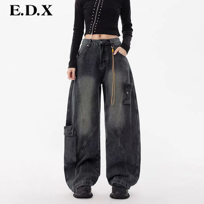 EDX Women’s High-Waisted Blue Denim Wide-Leg "Scimitar" (Curved-Leg) Cargo Pants – A Stunning, Trend-Setting Style (2026 New Collection)