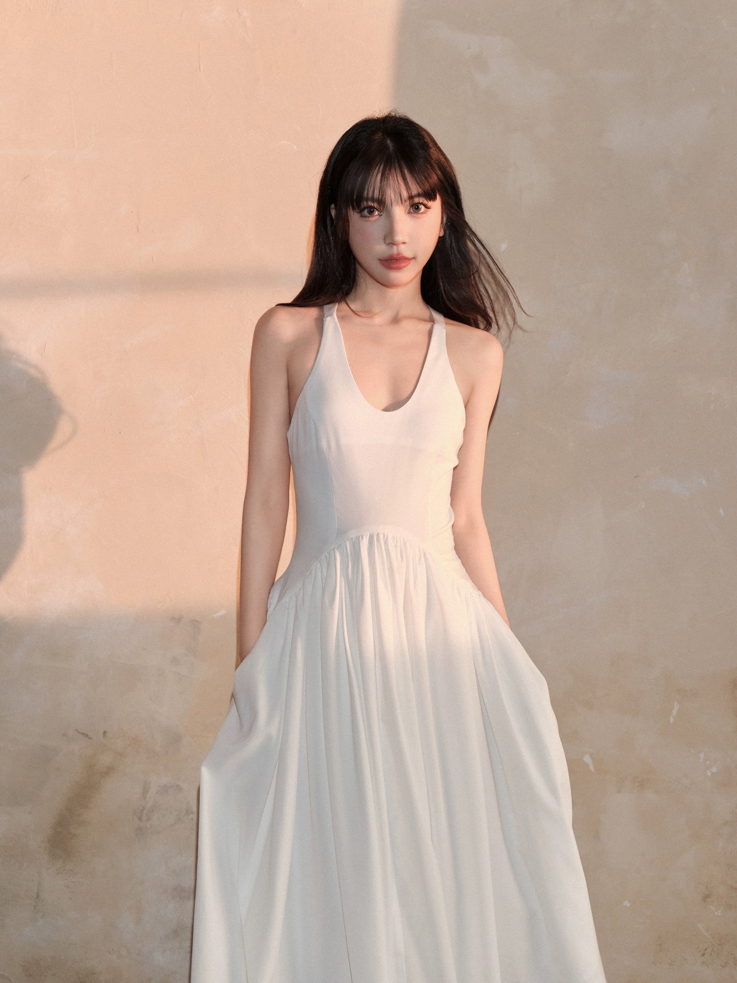 avenement/shoulderless backless suspender skirt/back cross design waist-cinching large skirt dress long skirt for women