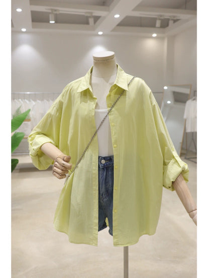 Rollable sleeves simple fresh color 2024 summer versatile loose mid-length breathable thin cotton long-sleeved shirt for women