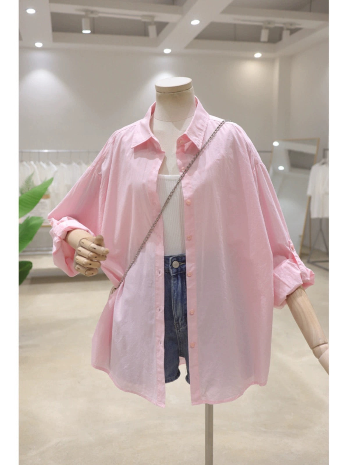 Rollable sleeves simple fresh color 2024 summer versatile loose mid-length breathable thin cotton long-sleeved shirt for women