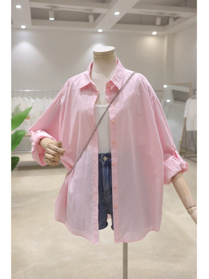 Rollable sleeves simple fresh color 2024 summer versatile loose mid-length breathable thin cotton long-sleeved shirt for women