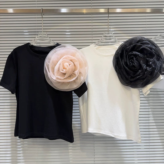 Internet celebrity style 2025 spring new niche hot girl mesh three-dimensional large flower design short short-sleeved T-shirt