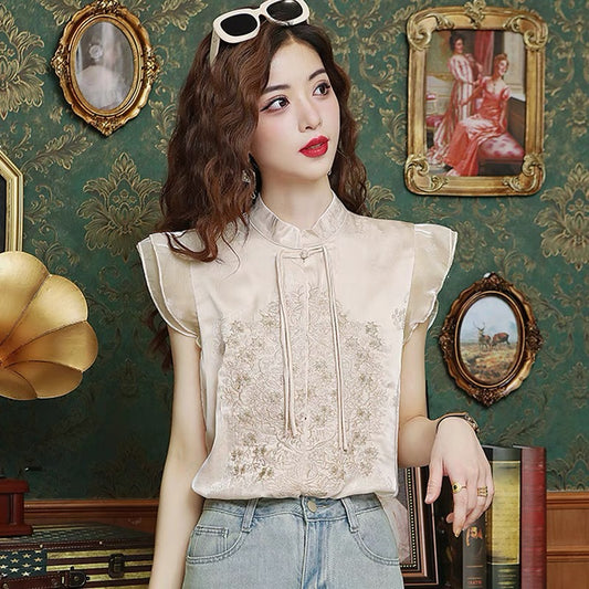 New Chinese style national style jacquard vest shirt for women summer 2024 new style temperament stand collar embroidered small flying sleeve top