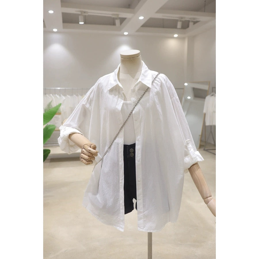 Rollable sleeves simple fresh color 2024 summer versatile loose mid-length breathable thin cotton long-sleeved shirt for women