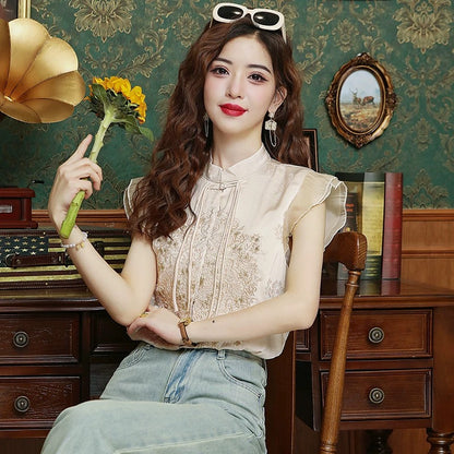 New Chinese style national style jacquard vest shirt for women summer 2024 new style temperament stand collar embroidered small flying sleeve top