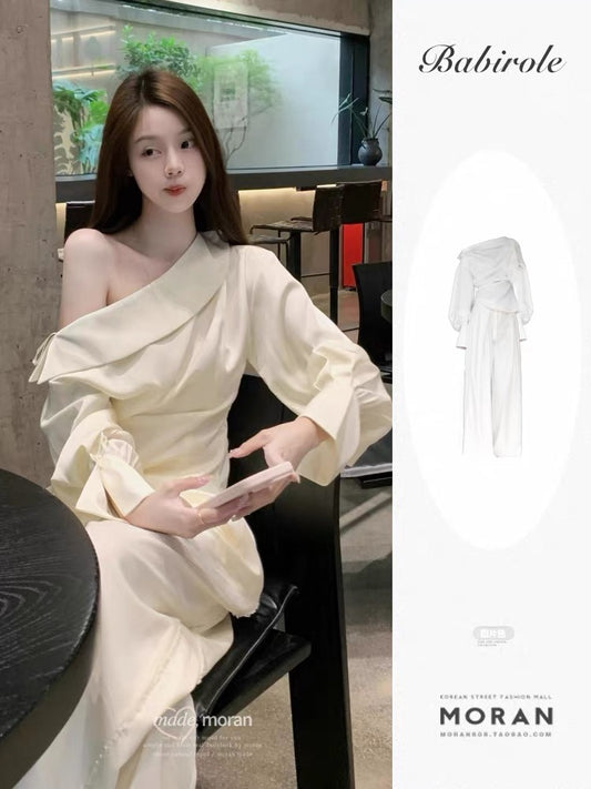 2025 autumn new Korean style fashion temperament versatile slim long-sleeved shirt + high waist skirt two-piece suit for women