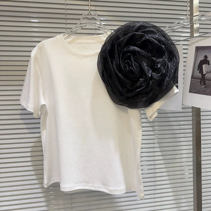 Internet celebrity style 2025 spring new niche hot girl mesh three-dimensional large flower design short short-sleeved T-shirt