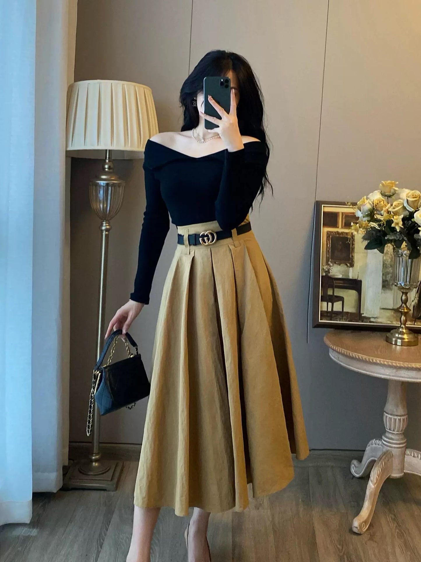 High-end fashionable one-shoulder knitted top and skirt two-piece suit for women's autumn new style temperament dress