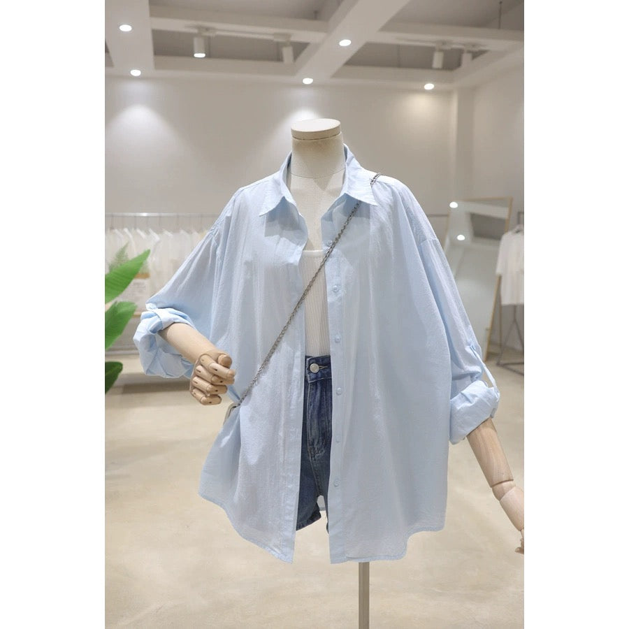 Rollable sleeves simple fresh color 2024 summer versatile loose mid-length breathable thin cotton long-sleeved shirt for women
