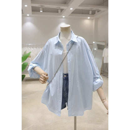 Rollable sleeves simple fresh color 2024 summer versatile loose mid-length breathable thin cotton long-sleeved shirt for women