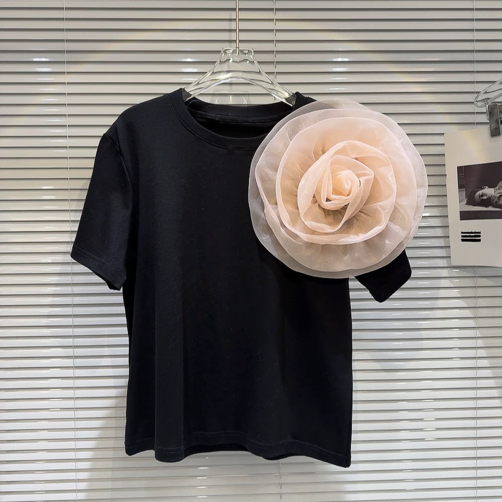 Internet celebrity style 2025 spring new niche hot girl mesh three-dimensional large flower design short short-sleeved T-shirt