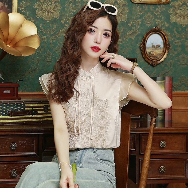 New Chinese style national style jacquard vest shirt for women summer 2024 new style temperament stand collar embroidered small flying sleeve top