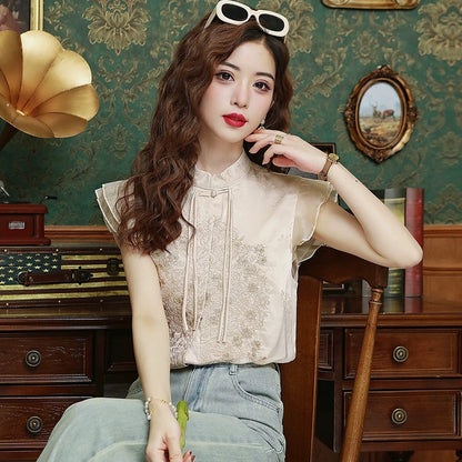 New Chinese style national style jacquard vest shirt for women summer 2024 new style temperament stand collar embroidered small flying sleeve top