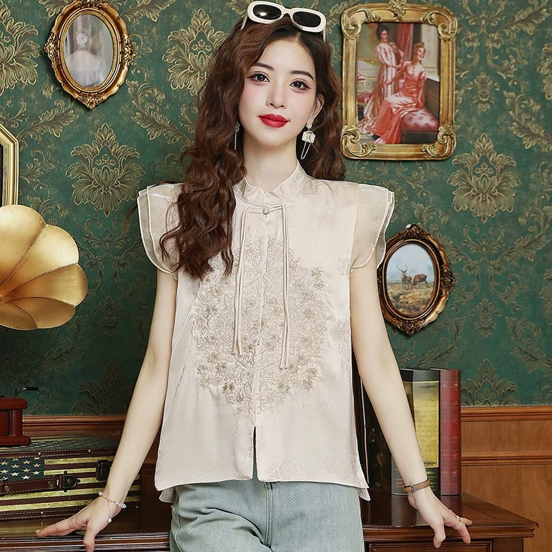New Chinese style national style jacquard vest shirt for women summer 2024 new style temperament stand collar embroidered small flying sleeve top