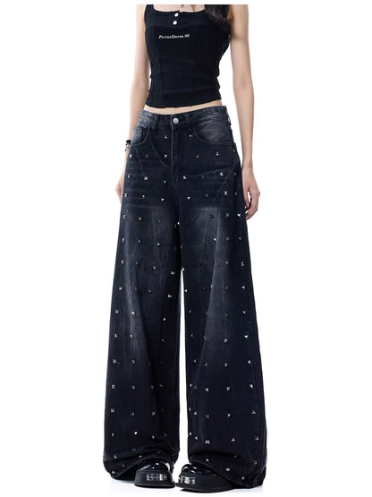 EDX Heavy-Duty Industrial-Style Riveted Wide-Leg Jeans for Women – American Vintage-Inspired, Distressed, High-Waisted, Straight-Leg, Floor-Length Trousers with a Draped Fit