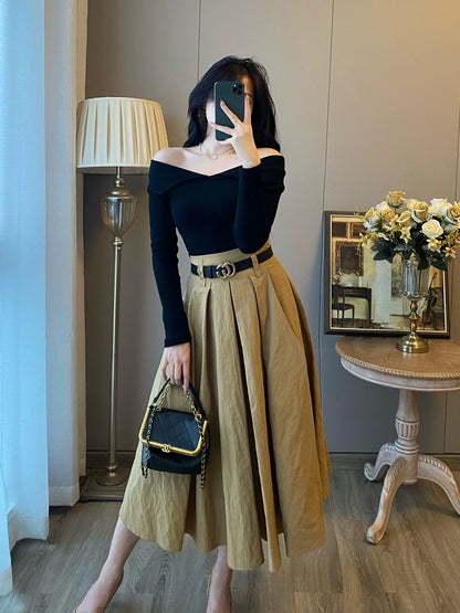 High-end fashionable one-shoulder knitted top and skirt two-piece suit for women's autumn new style temperament dress