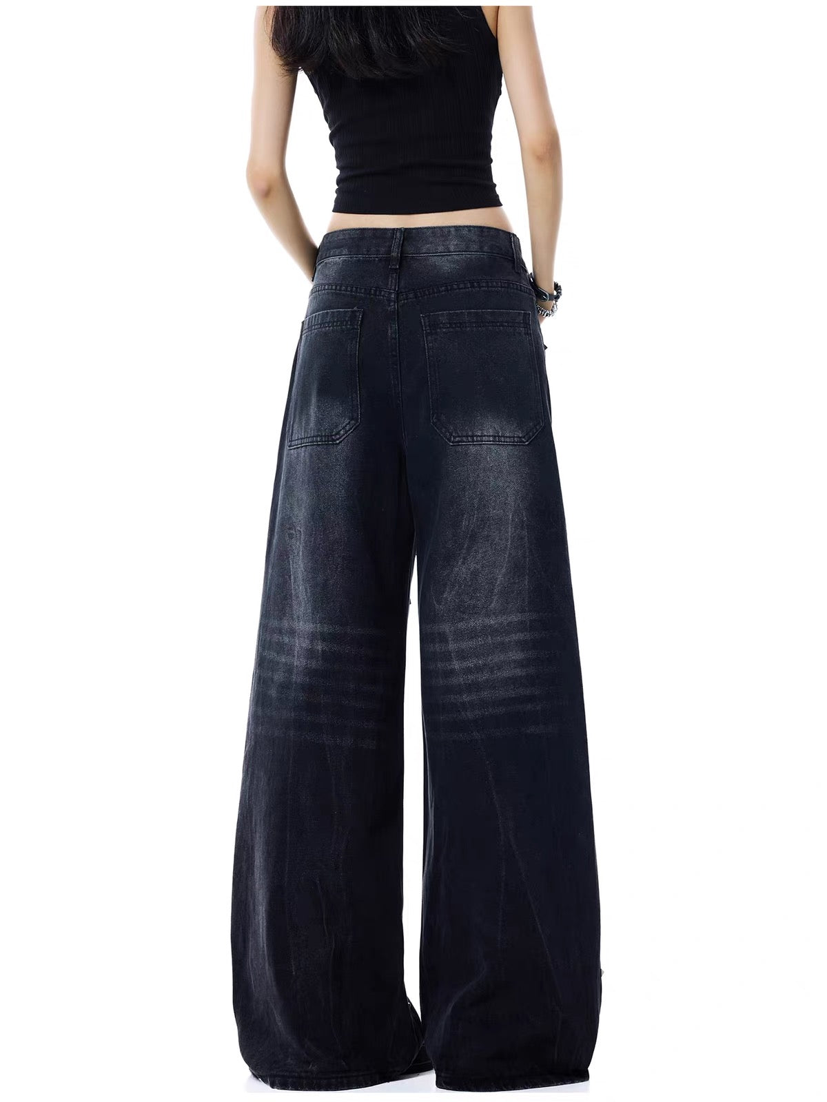 EDX Heavy-Duty Industrial-Style Riveted Wide-Leg Jeans for Women – American Vintage-Inspired, Distressed, High-Waisted, Straight-Leg, Floor-Length Trousers with a Draped Fit