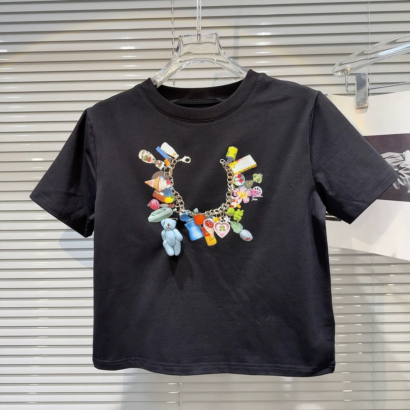 Internet celebrity same style 2025 summer new sweet cool hot girl colorful cartoon chain print navel short sleeve T-shirt female