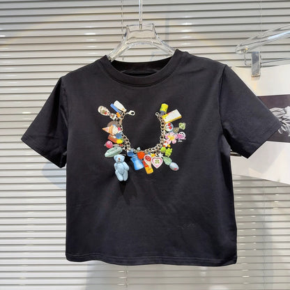 Internet celebrity same style 2025 summer new sweet cool hot girl colorful cartoon chain print navel short sleeve T-shirt female