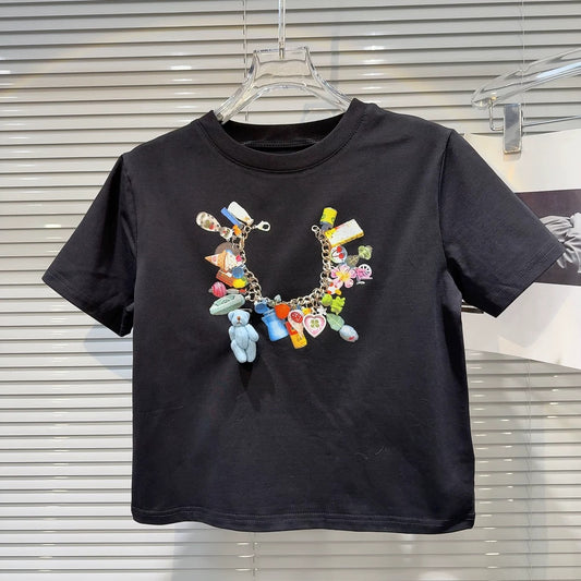 Internet celebrity same style 2025 summer new sweet cool hot girl colorful cartoon chain print navel short sleeve T-shirt female