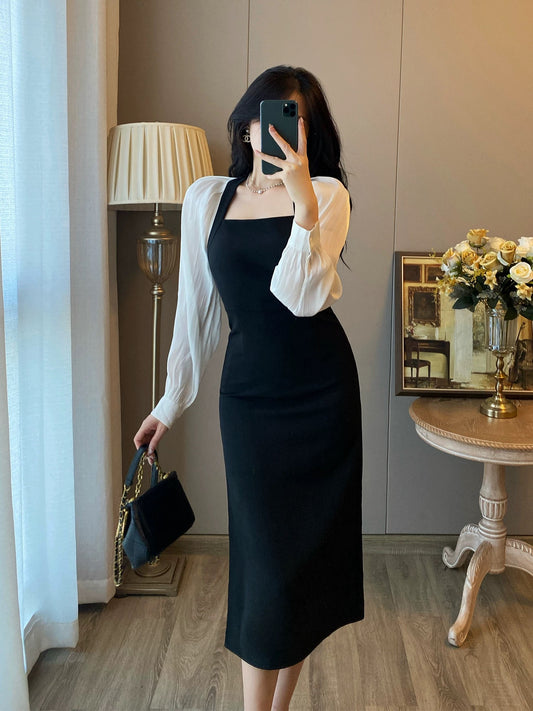 French style little black dress women's autumn new style high-end ladylike temperament little black dress long skirt