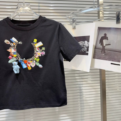 Internet celebrity same style 2025 summer new sweet cool hot girl colorful cartoon chain print navel short sleeve T-shirt female