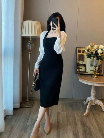 French style little black dress women's autumn new style high-end ladylike temperament little black dress long skirt