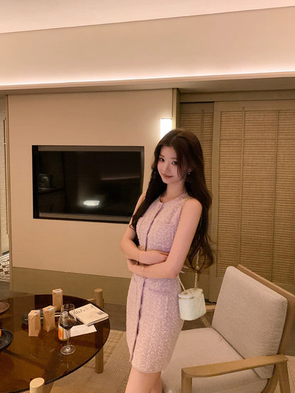 ADA MISS Elegant Pink-Style Slim Fit Sleeveless Wool Knit Vest Dress Short Skirt Women's Summer New Arrival