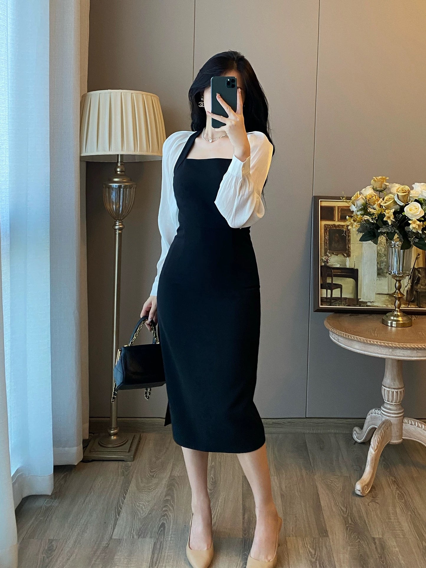 French style little black dress women's autumn new style high-end ladylike temperament little black dress long skirt
