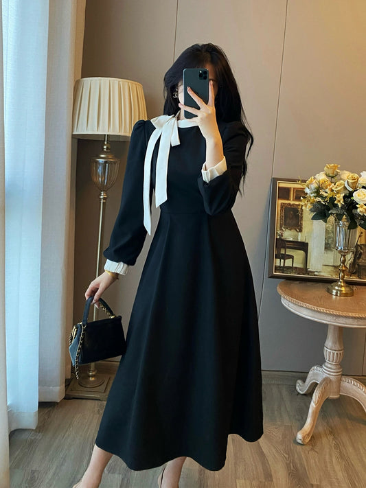 French style small fragrant dress for women in autumn and winter, high-end Hepburn style, black temperament, slim inner wear, long skirt