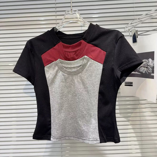 Internet celebrity style 2025 spring new style sweet cool hot girl multi-collar stitching contrast color waist exposed navel short-sleeved T-shirt women