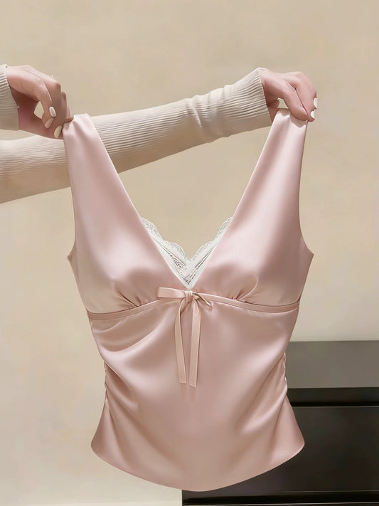 Korean-style chic V-neck camisole featuring pink lace paneling—a unique, beautiful, and versatile new summer top for women.