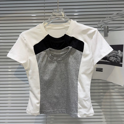 Internet celebrity style 2025 spring new style sweet cool hot girl multi-collar stitching contrast color waist exposed navel short-sleeved T-shirt women