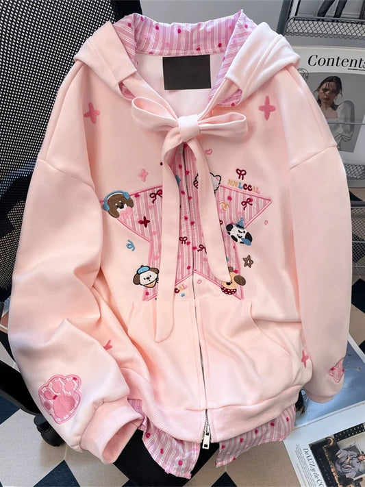 Pink cute puppy and star embroidered faux two-piece sweatshirt for women, sweet and cute, soft girl style, age-reducing hoodie jacket
