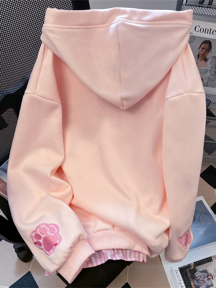 Pink cute puppy and star embroidered faux two-piece sweatshirt for women, sweet and cute, soft girl style, age-reducing hoodie jacket