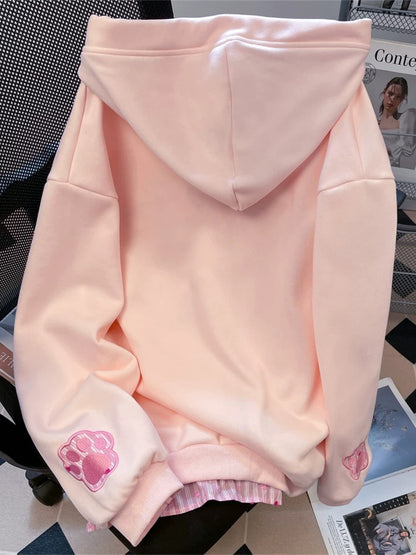Pink cute puppy and star embroidered faux two-piece sweatshirt for women, sweet and cute, soft girl style, age-reducing hoodie jacket