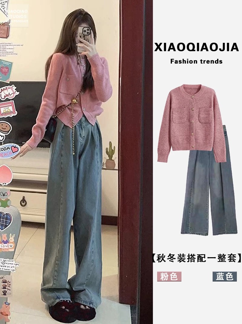 Early autumn outfit with a complete set of high-end Korean drama outfits for small people, small fragrance style, milk fufu sweater two-piece suit