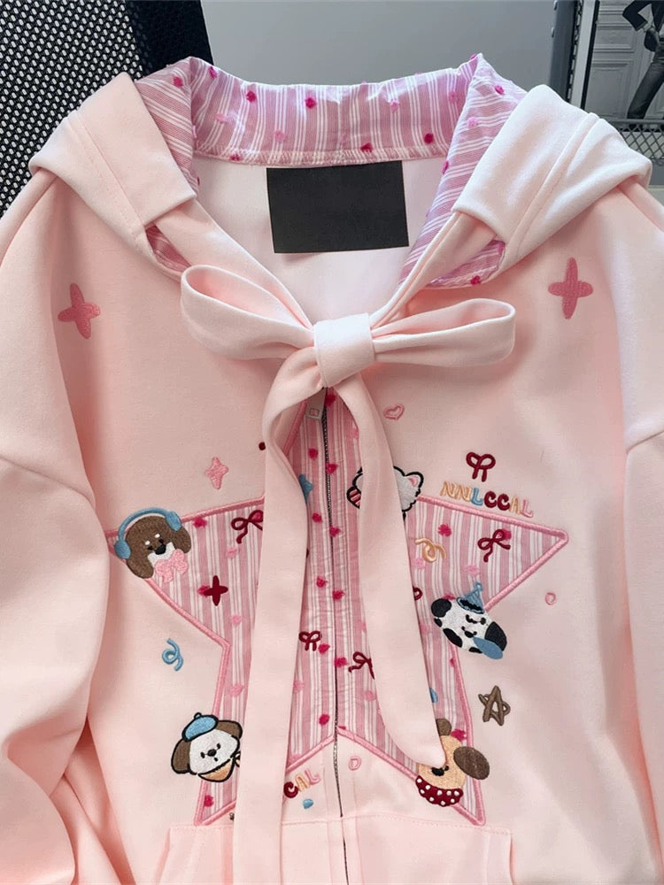 Pink cute puppy and star embroidered faux two-piece sweatshirt for women, sweet and cute, soft girl style, age-reducing hoodie jacket