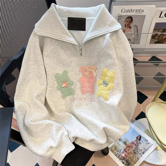 American-style high-end half-zip collar polo sweatshirt for women, autumn, middle school students, embroidered three little bears on the shoulder.