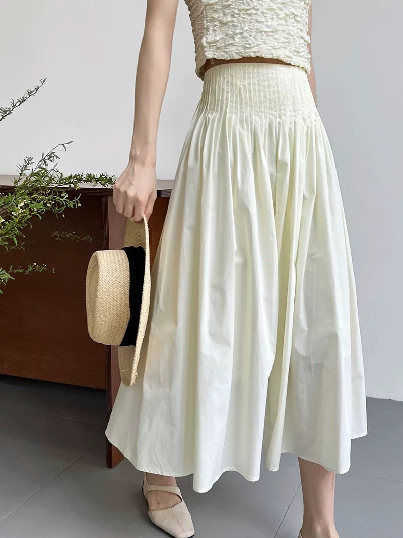 2026 Spring/Summer Women's High-Waisted A-Line White Pleated Midi Skirt with Elastic Waist and Flowing Flow