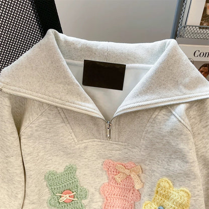 American-style high-end half-zip collar polo sweatshirt for women, autumn, middle school students, embroidered three little bears on the shoulder.